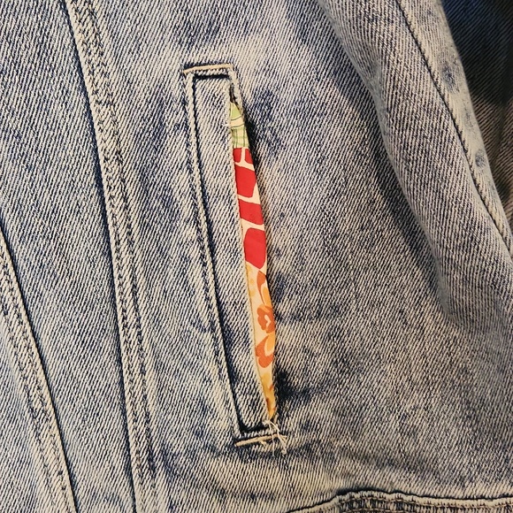 Upcycled Old Navy Light Wash Distressed Denim Jacket with Patch Detail XL - Picture 4 of 8
